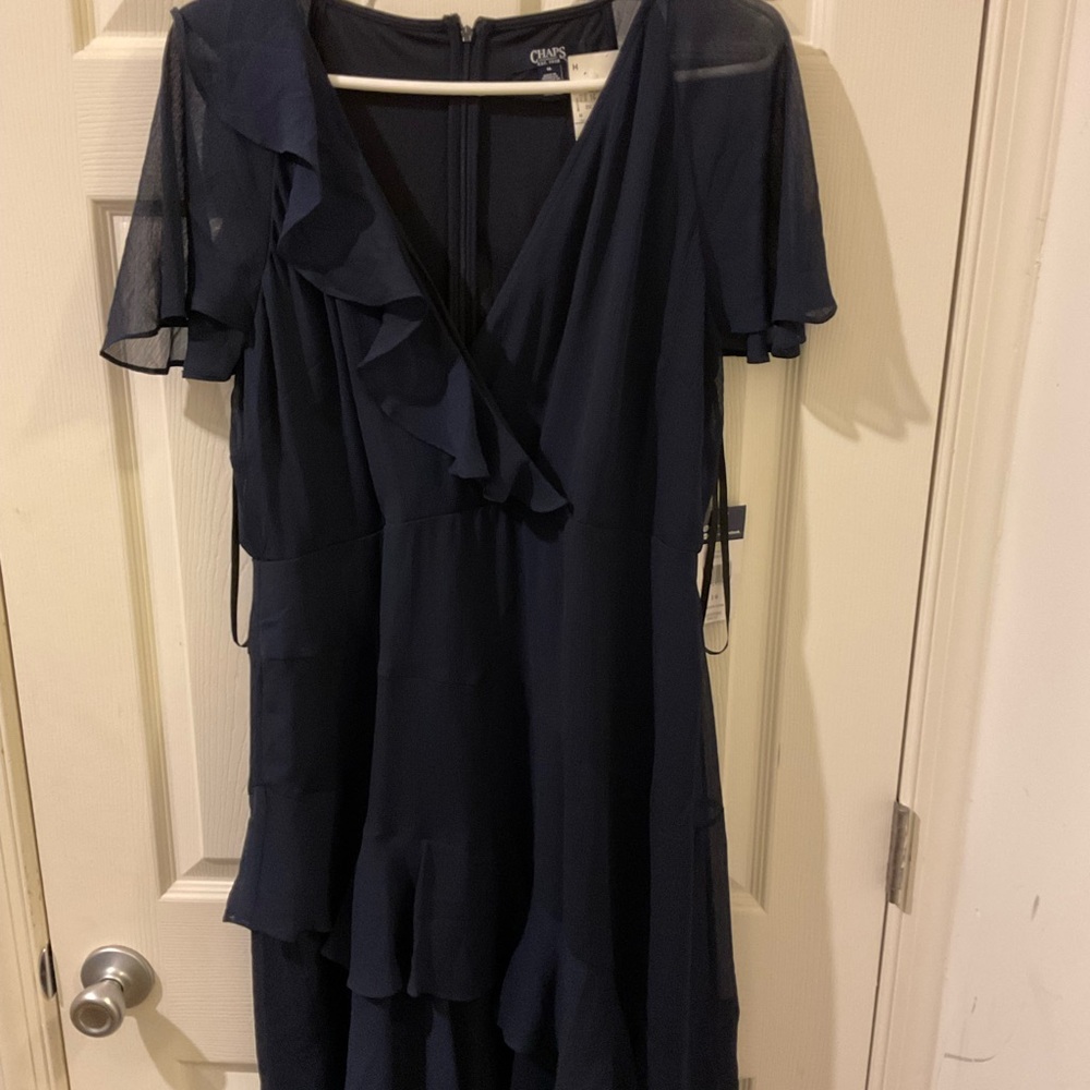 Chaps Navy Ruffle V-Neck Midi Dress with Flutter Sleeves